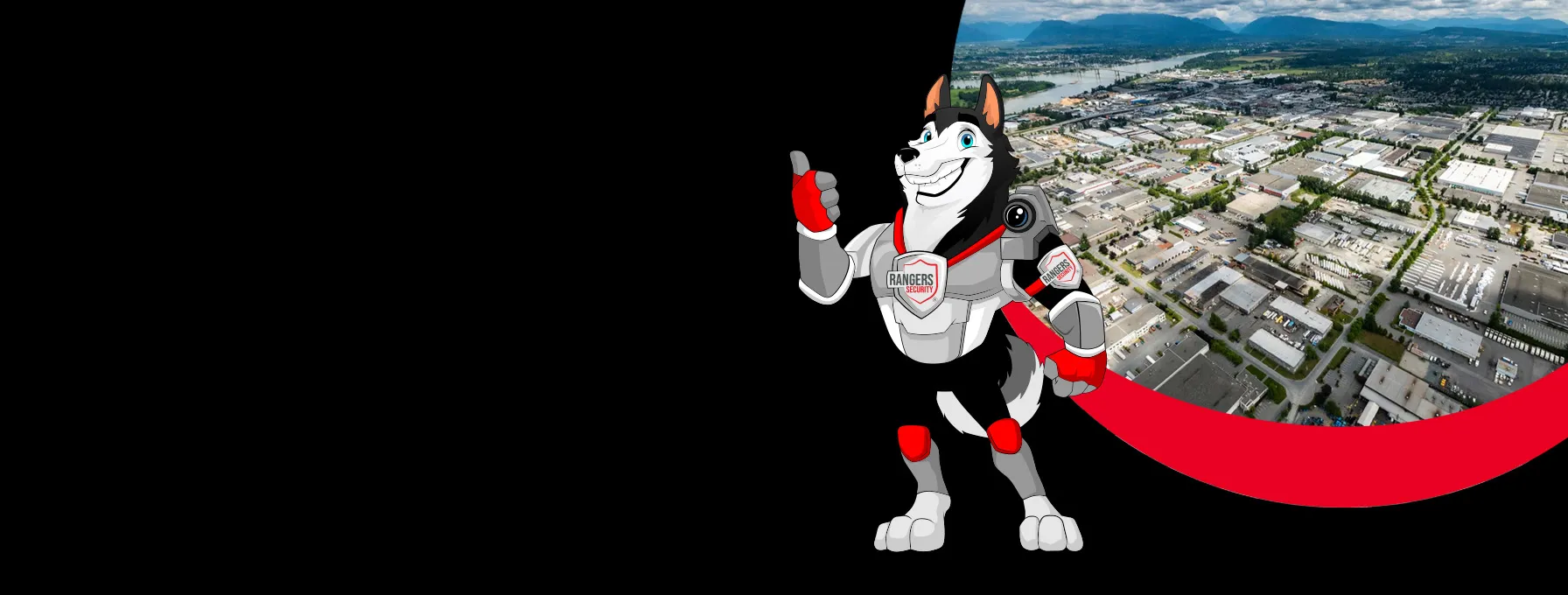 Rangers Security coverage map of Canada with a mascot in security gear, highlighting trusted surveillance and 24/7 service