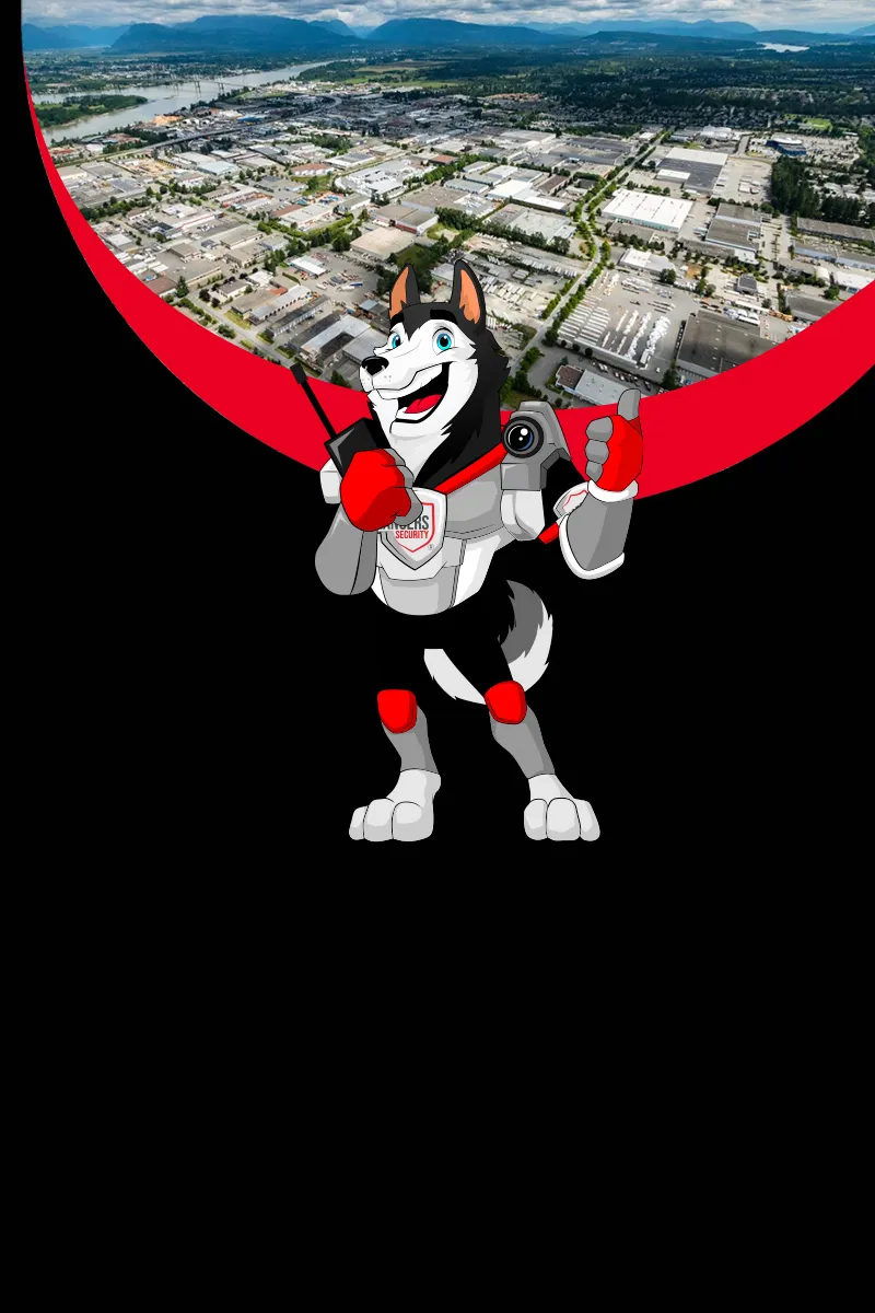 Map of Canada showing provinces and territories served by Rangers Security Group, with a wolf mascot pointing to locations for nationwide security services