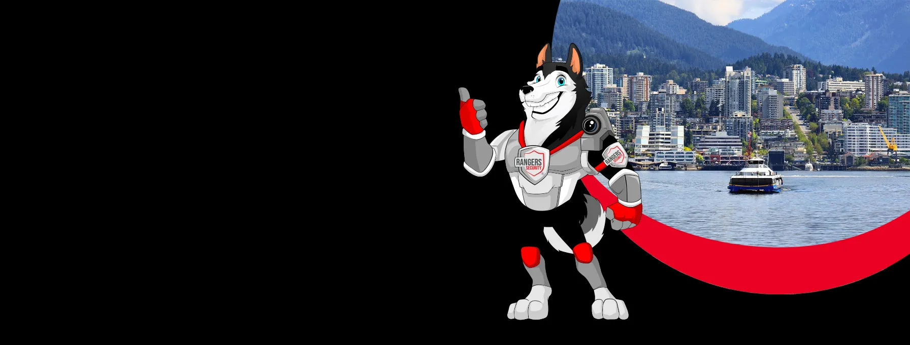 Rangers Security coverage map of Canada with a mascot in security gear, highlighting trusted surveillance and 24/7 service