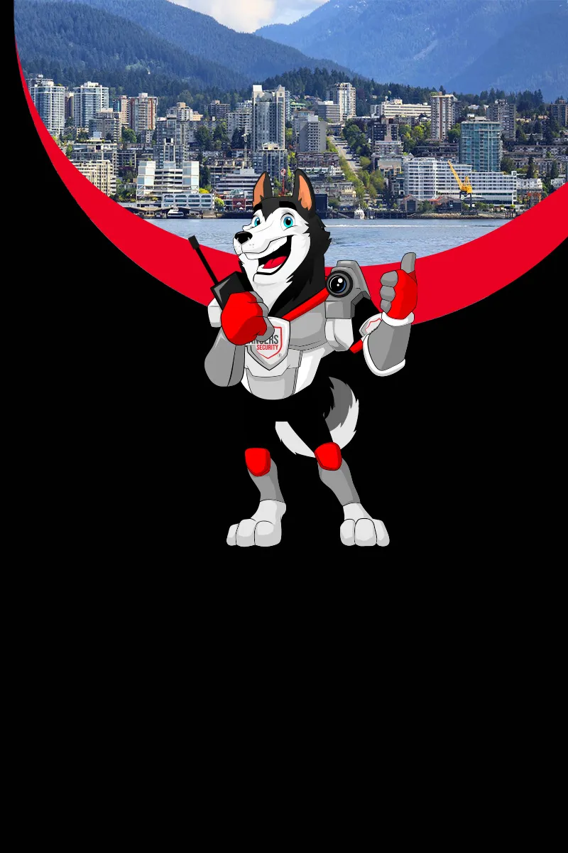 Map of Canada showing provinces and territories served by Rangers Security Group, with a wolf mascot pointing to locations for nationwide security services