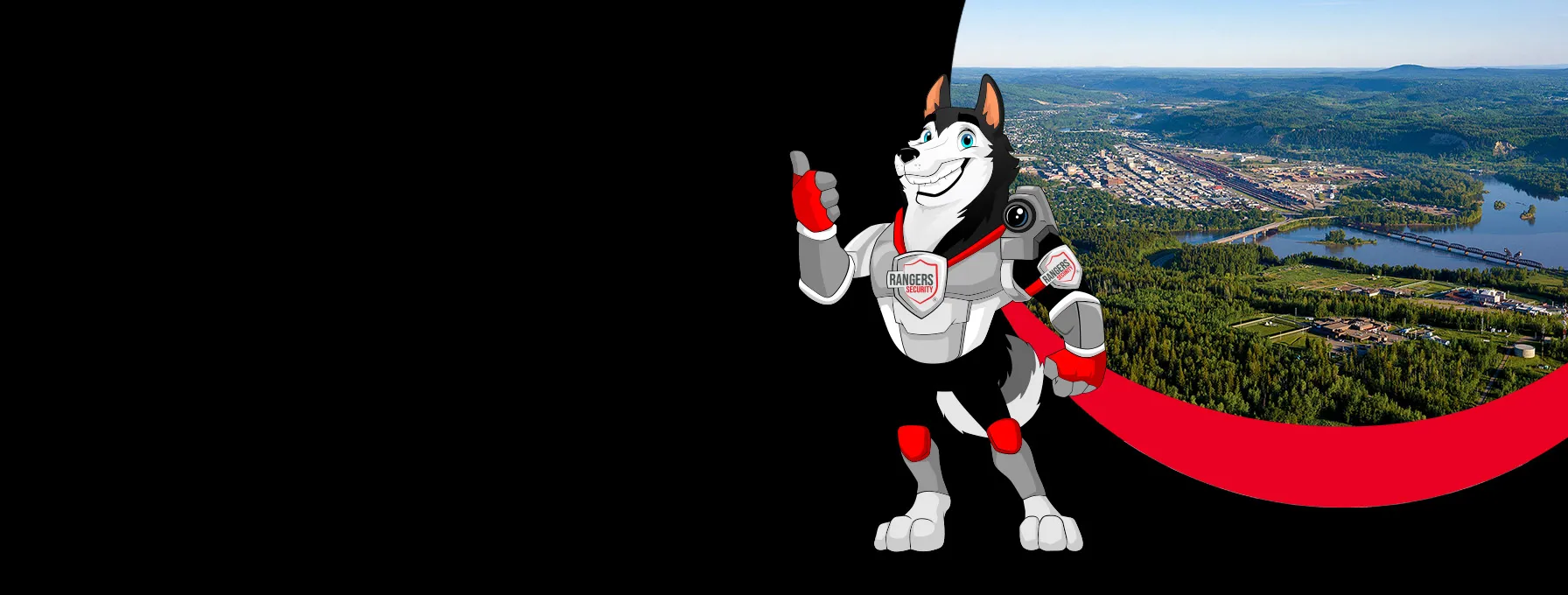 Rangers Security coverage map of Canada with a mascot in security gear, highlighting trusted surveillance and 24/7 service