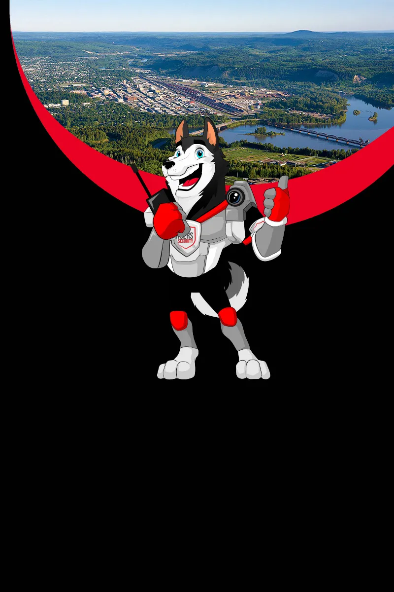 Map of Canada showing provinces and territories served by Rangers Security Group, with a wolf mascot pointing to locations for nationwide security services