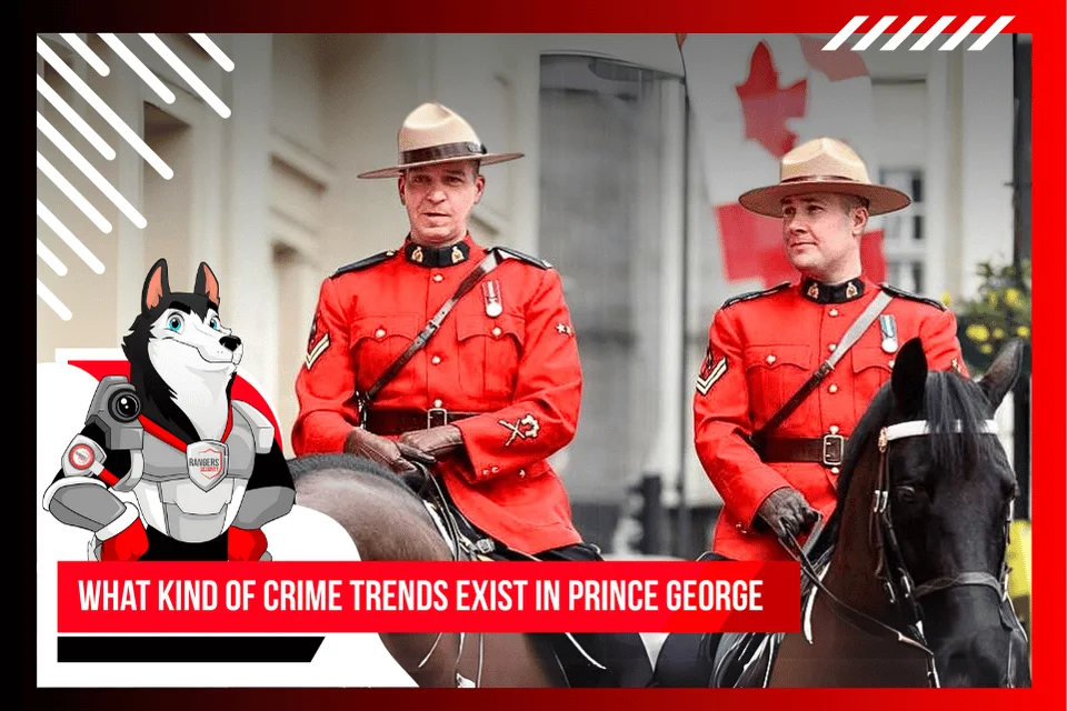 Rising crime severity trend in Prince George highlighting security needs. A mascot representing Rangers Security Group’s 24/7 availability and trusted protection.