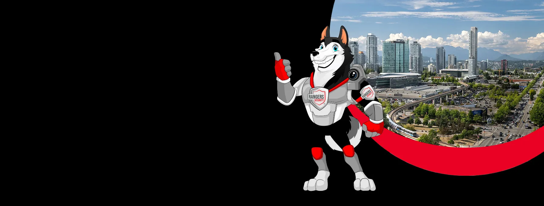 Rangers Security coverage map of Canada with a mascot in security gear, highlighting trusted surveillance and 24/7 service