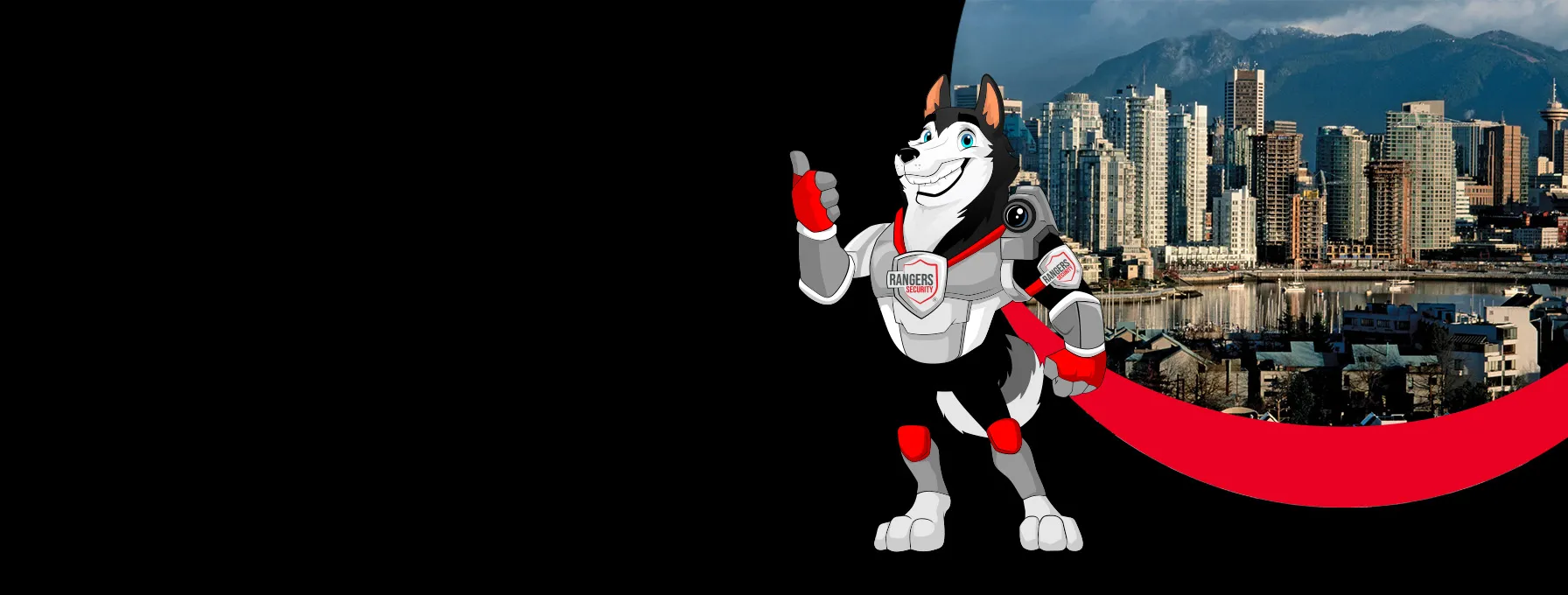 Rangers Security coverage map of Canada with a mascot in security gear, highlighting trusted surveillance and 24/7 service