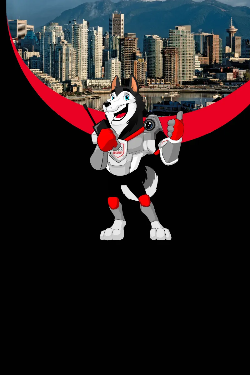 Map of Canada showing provinces and territories served by Rangers Security Group, with a wolf mascot pointing to locations for nationwide security services