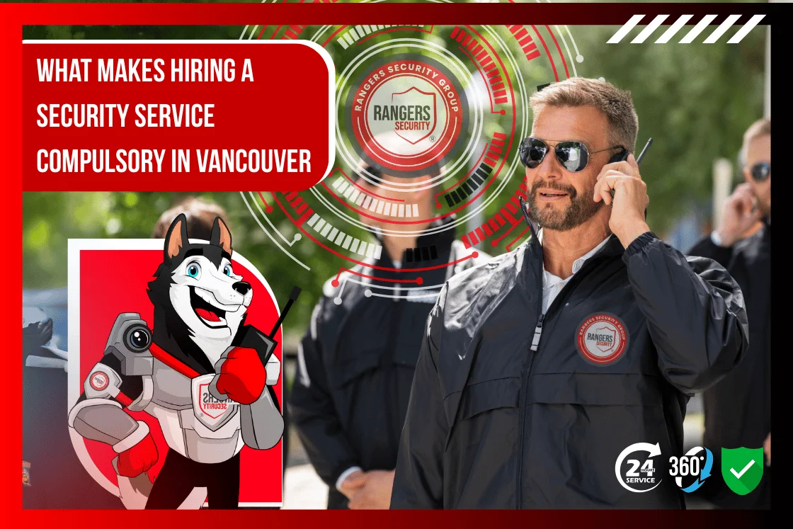 Well-trained security guards managing real-time security challenges and a mascot representing Rangers Security Group’s 24/7 availability and trusted protection in Vancouver.