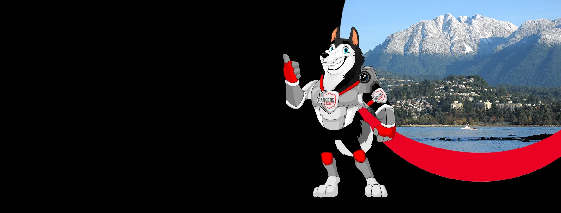 Rangers Security coverage map of Canada with a mascot in security gear, highlighting trusted surveillance and 24/7 service