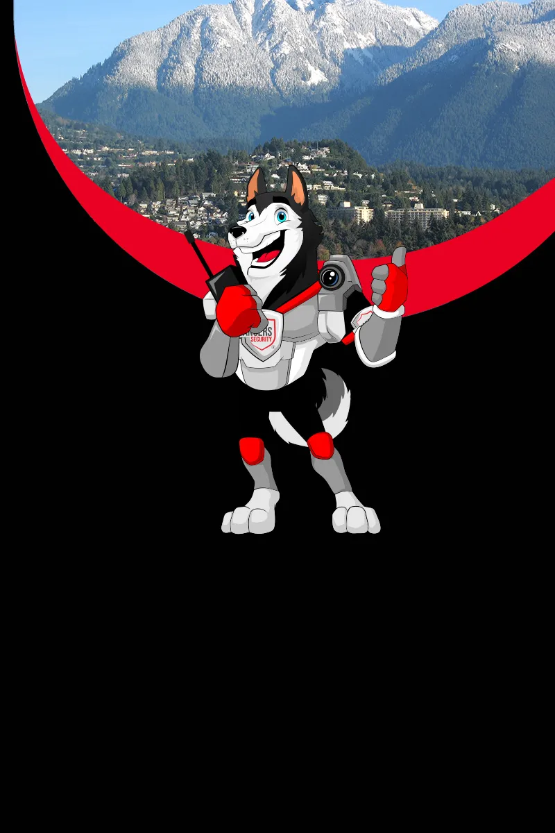 Map of Canada showing provinces and territories served by Rangers Security Group, with a wolf mascot pointing to locations for nationwide security services