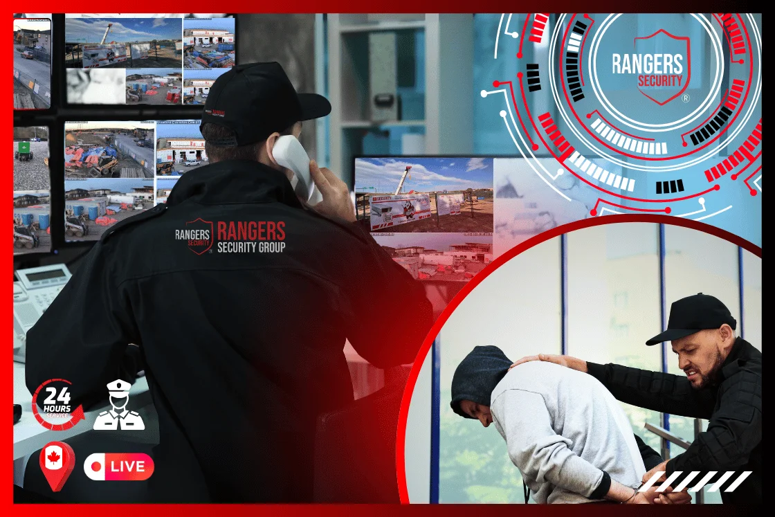 Rangers Security Group expert monitoring live screens, alerting specialists, and on-site guards actively deterring theft, ensuring full 24/7 security coverage for your property.
