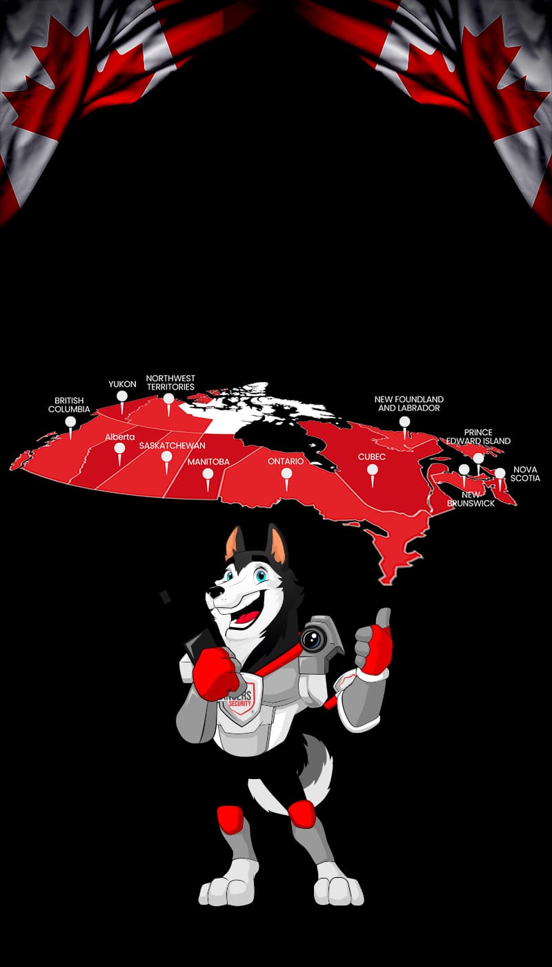 Map of Canada showing provinces and territories served by Rangers Security Group, with a wolf mascot pointing to locations for nationwide security services