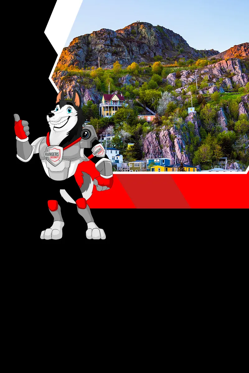 Map of Canada showing provinces and territories served by Rangers Security Group, with a wolf mascot pointing to locations for nationwide security services