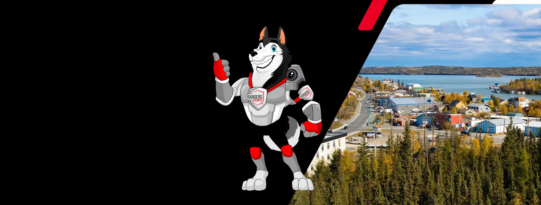 Rangers Security coverage map of Canada with a mascot in security gear, highlighting trusted surveillance and 24/7 service