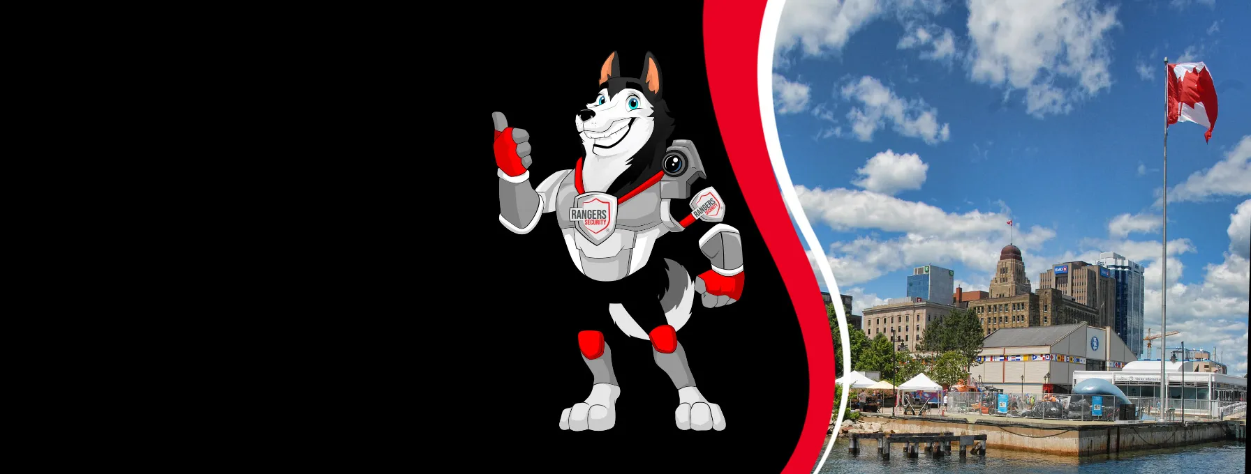 Rangers Security coverage map of Canada with a mascot in security gear, highlighting trusted surveillance and 24/7 service