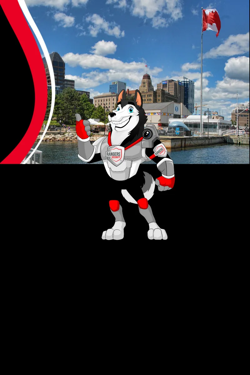 Map of Canada showing provinces and territories served by Rangers Security Group, with a wolf mascot pointing to locations for nationwide security services