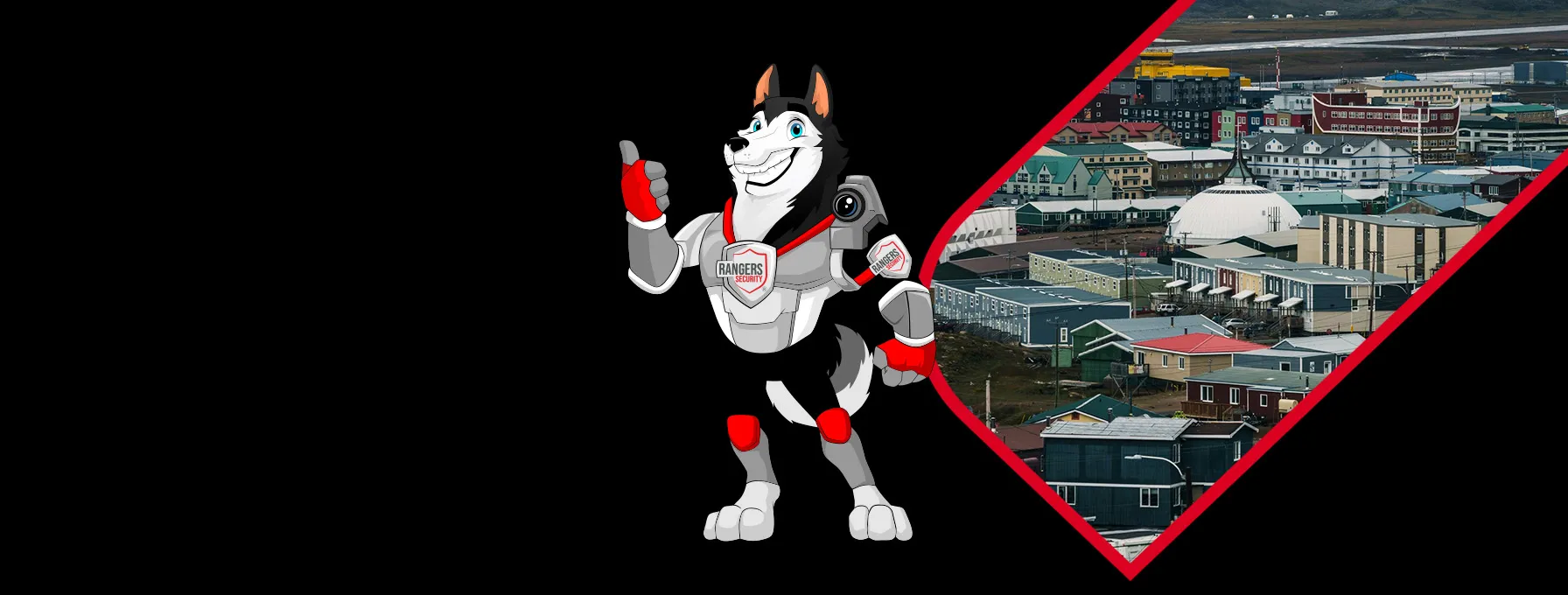 Rangers Security coverage map of Canada with a mascot in security gear, highlighting trusted surveillance and 24/7 service
