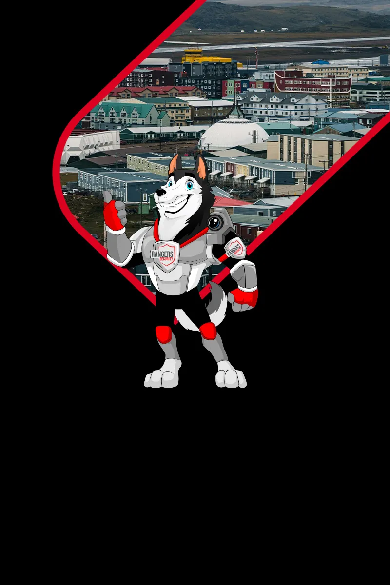 Map of Canada showing provinces and territories served by Rangers Security Group, with a wolf mascot pointing to locations for nationwide security services