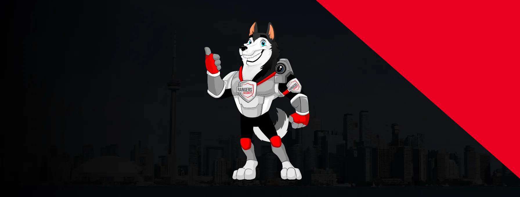 Rangers Security coverage map of Canada with a mascot in security gear, highlighting trusted surveillance and 24/7 service