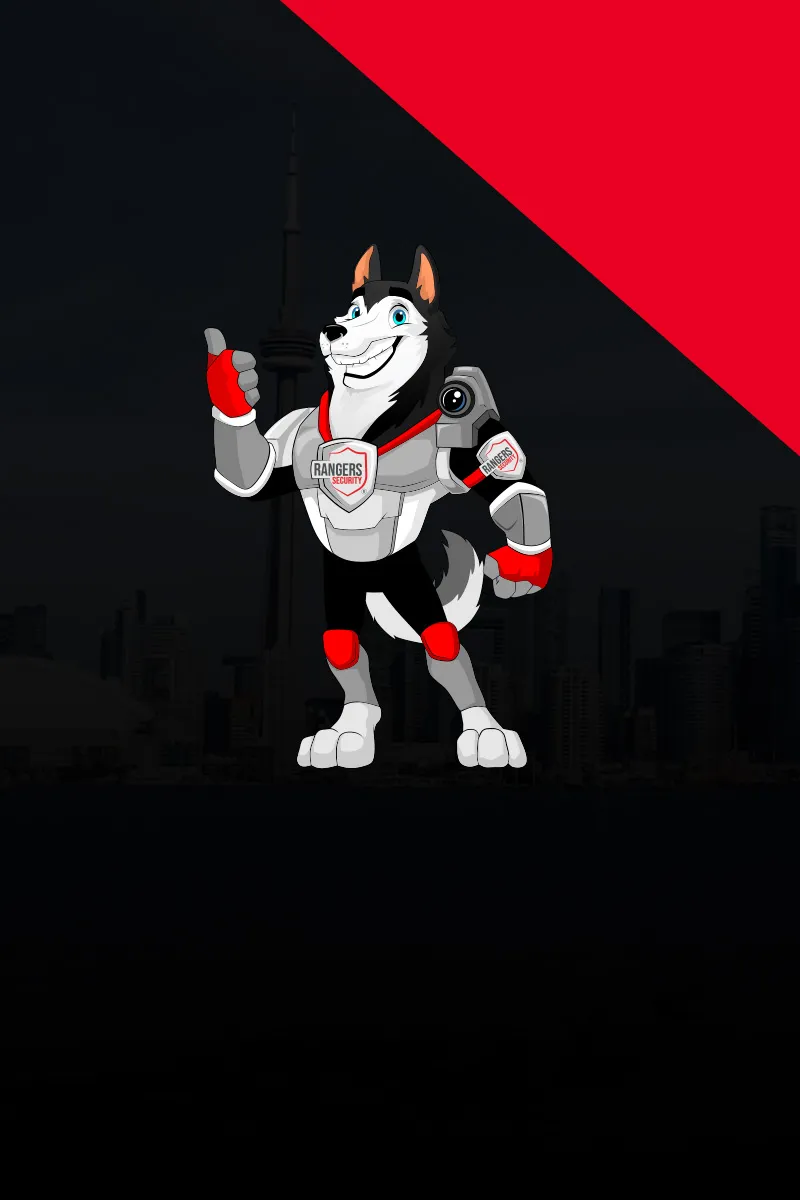 Map of Canada showing provinces and territories served by Rangers Security Group, with a wolf mascot pointing to locations for nationwide security services