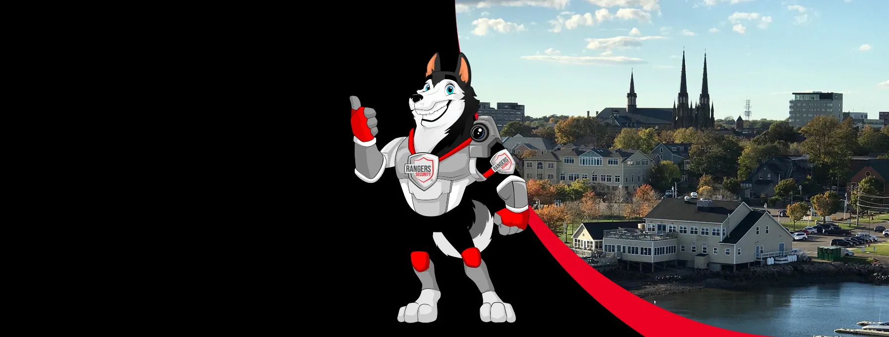 Rangers Security coverage map of Canada with a mascot in security gear, highlighting trusted surveillance and 24/7 service