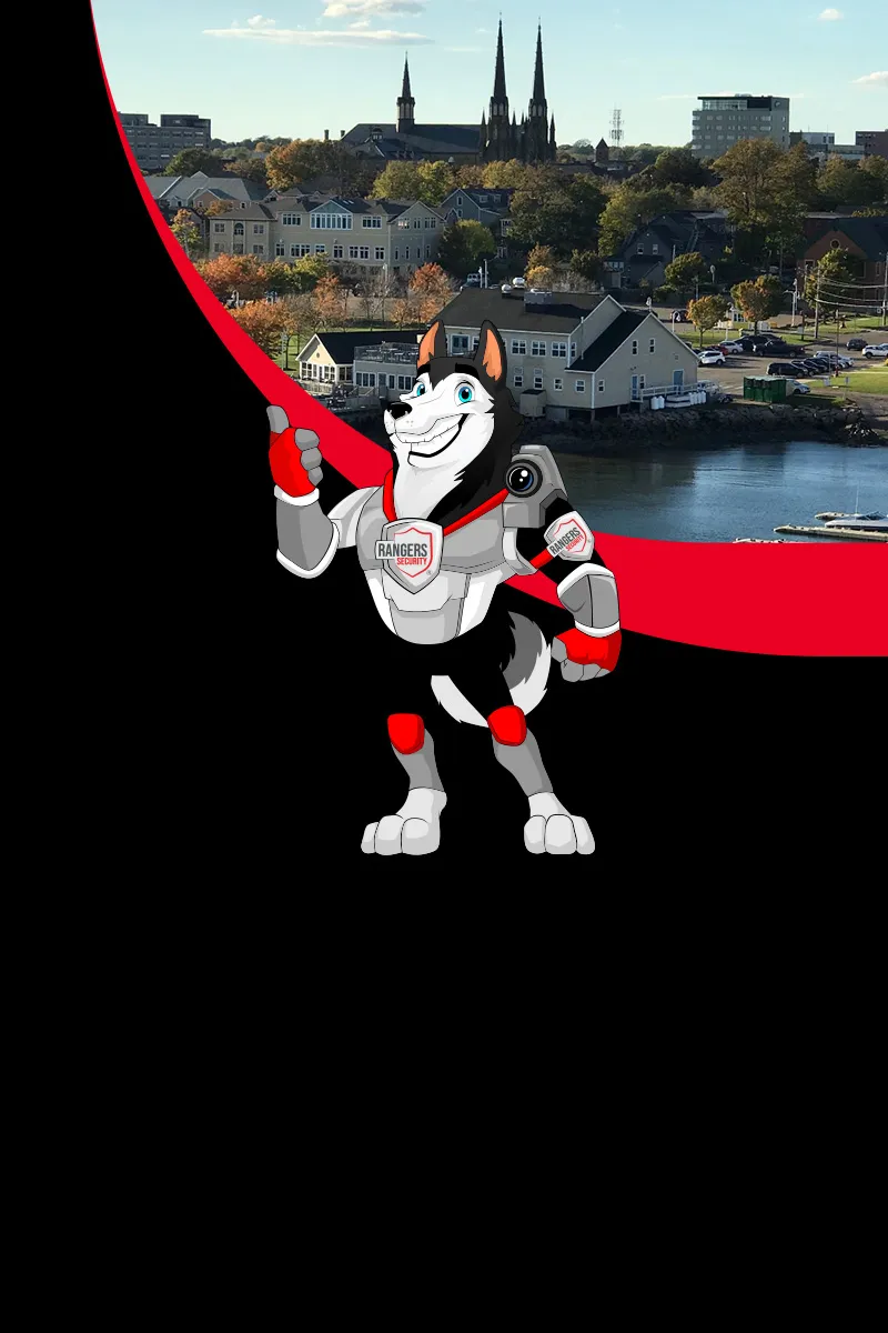 Map of Canada showing provinces and territories served by Rangers Security Group, with a wolf mascot pointing to locations for nationwide security services