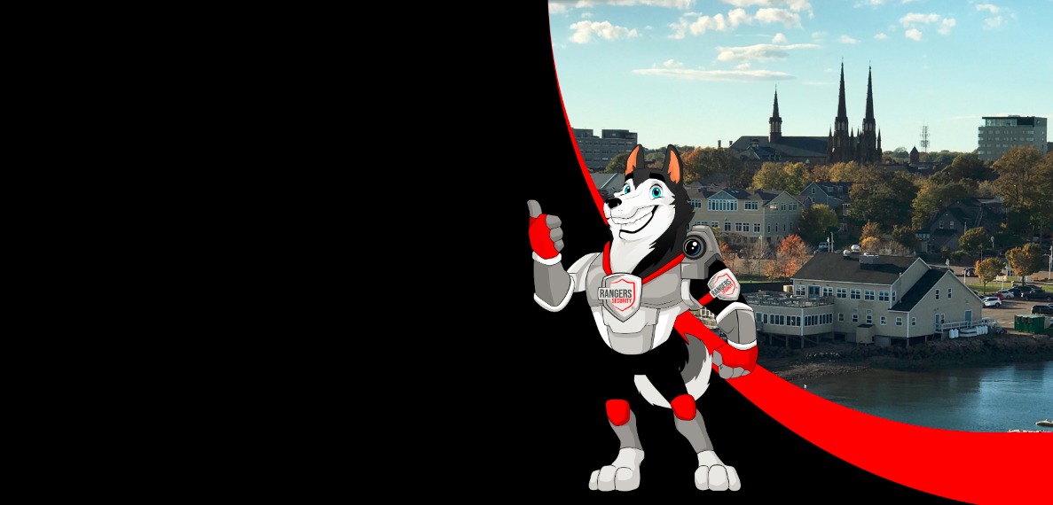 Rangers Security coverage map of Canada with a mascot in security gear, highlighting trusted surveillance and 24/7 service
