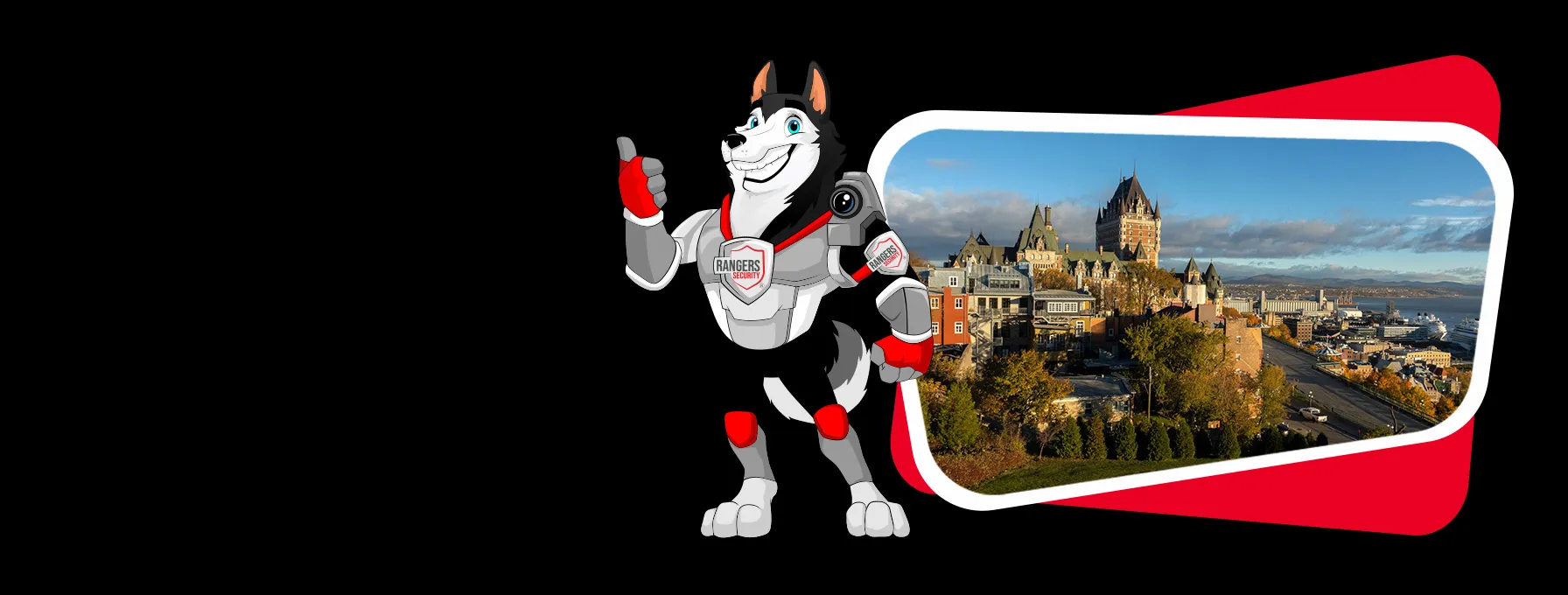 Rangers Security coverage map of Canada with a mascot in security gear, highlighting trusted surveillance and 24/7 service