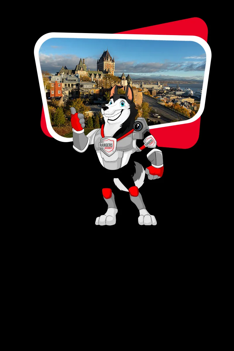 Rangers Security Group mascot emphasizing trusted security coverage in Quebec, combining trained personnel and 24/7 surveillance solutions.