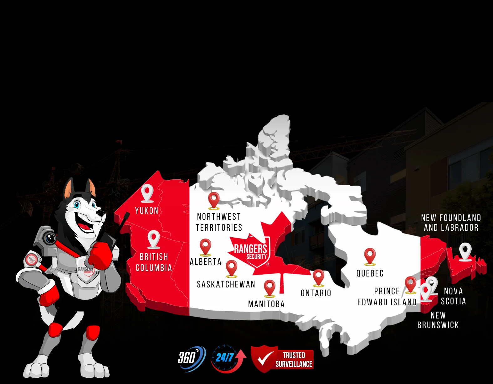 Rangers Security coverage map of Canada with a mascot in security gear, highlighting trusted surveillance and 24/7 service