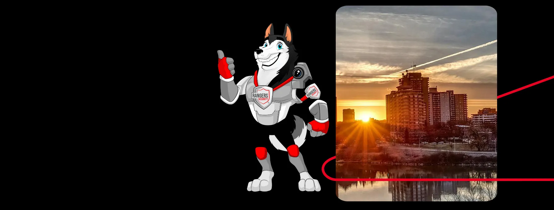 Rangers Security coverage map of Canada with a mascot in security gear, highlighting trusted surveillance and 24/7 service
