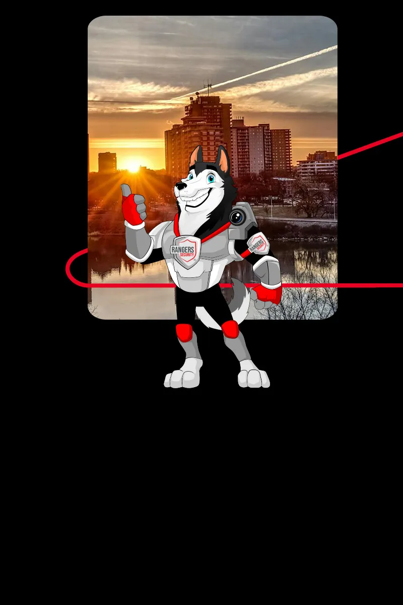 Map of Canada showing provinces and territories served by Rangers Security Group, with a wolf mascot pointing to locations for nationwide security services