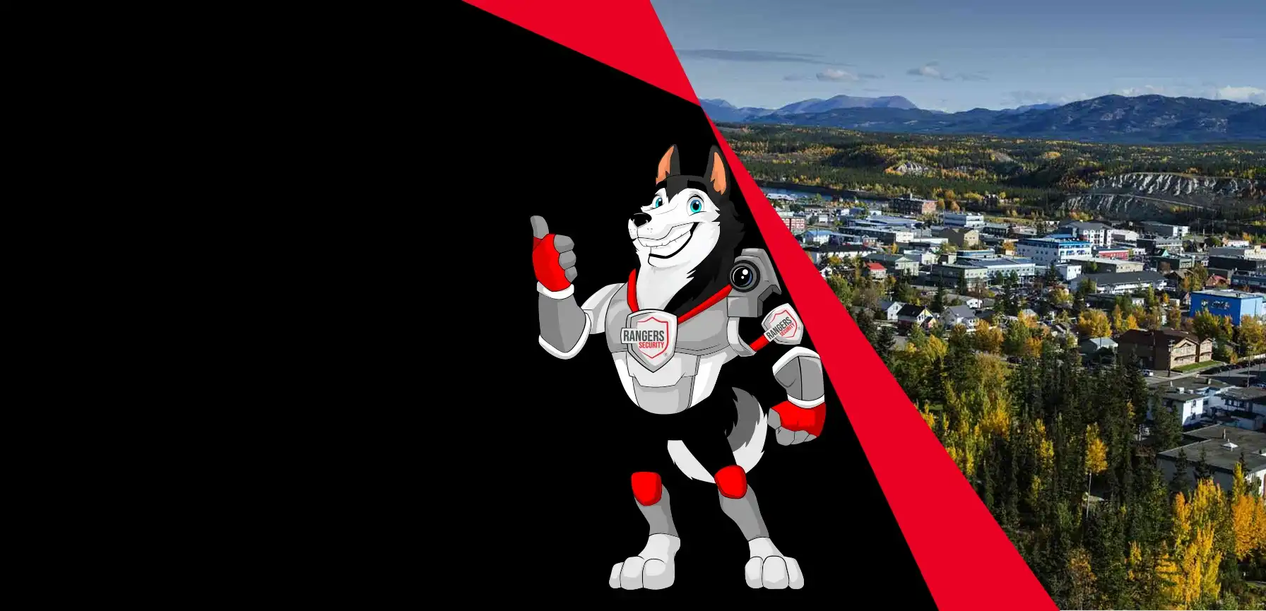 Rangers Security coverage map of Canada with a mascot in security gear, highlighting trusted surveillance and 24/7 service