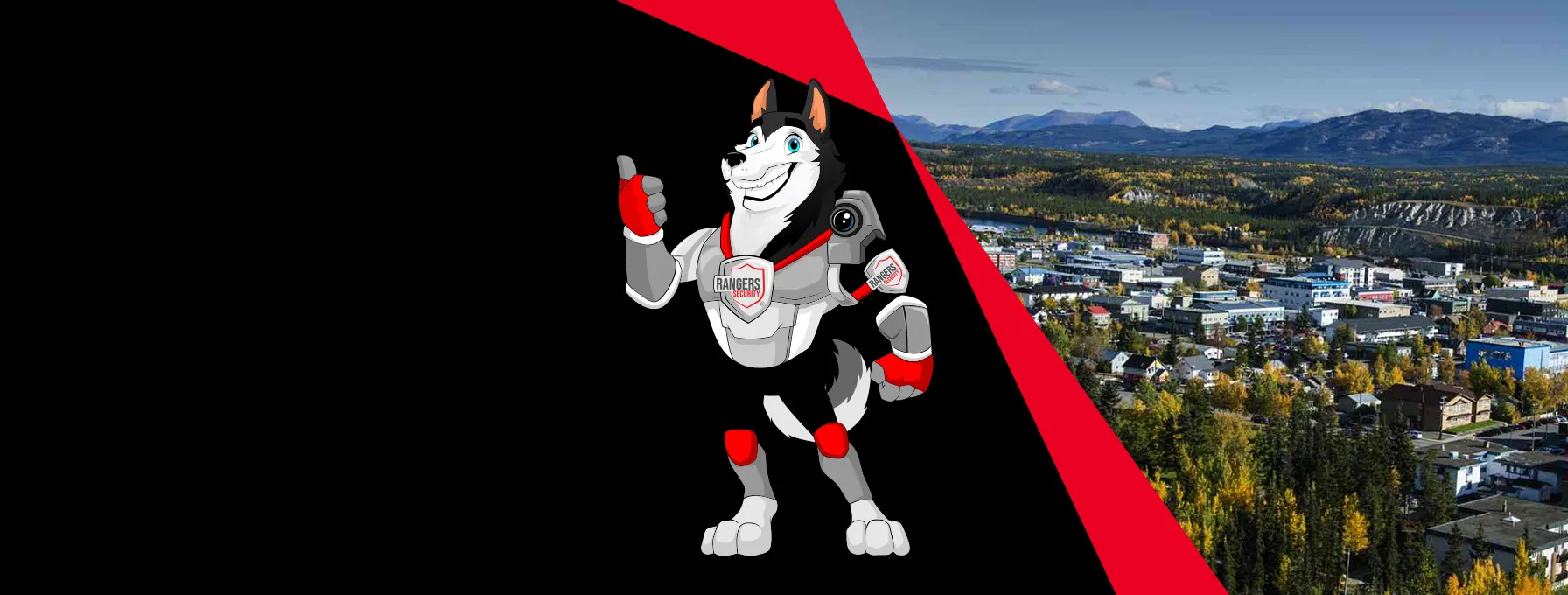 Rangers Security coverage map of Canada with a mascot in security gear, highlighting trusted surveillance and 24/7 service