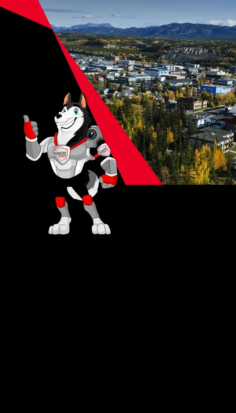 Map of Canada showing provinces and territories served by Rangers Security Group, with a wolf mascot pointing to locations for nationwide security services