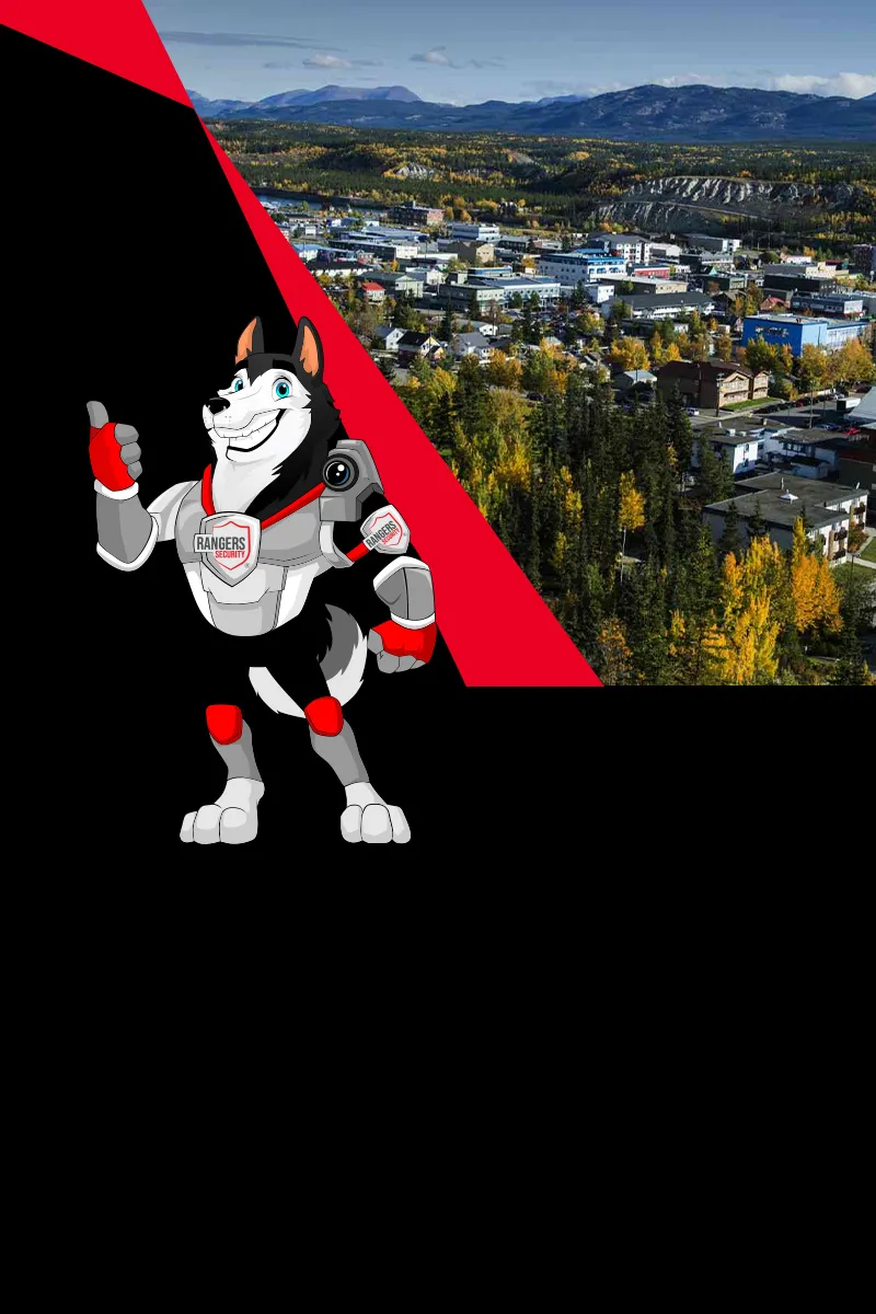 Map of Canada showing provinces and territories served by Rangers Security Group, with a wolf mascot pointing to locations for nationwide security services